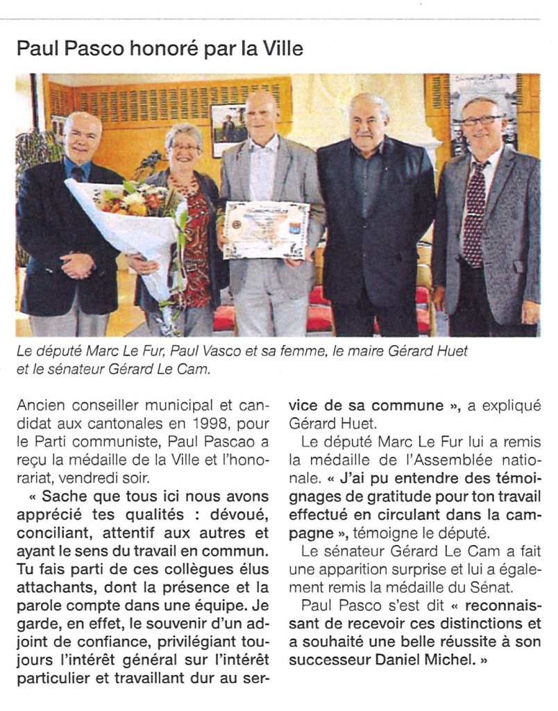 Paul Pasco honoré par la Ville Ouest-France 9 juin 2014